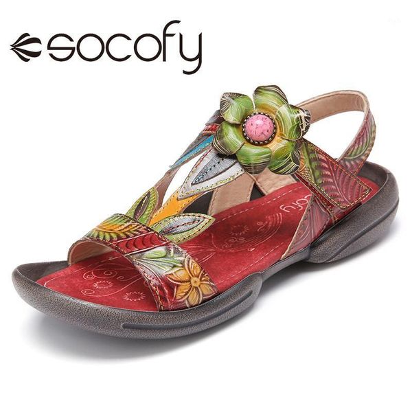 

sandals socofy women retro style leather flower decro beaded floral pattern open toe casual outdoor flat shoes botas mujer 20211, Black