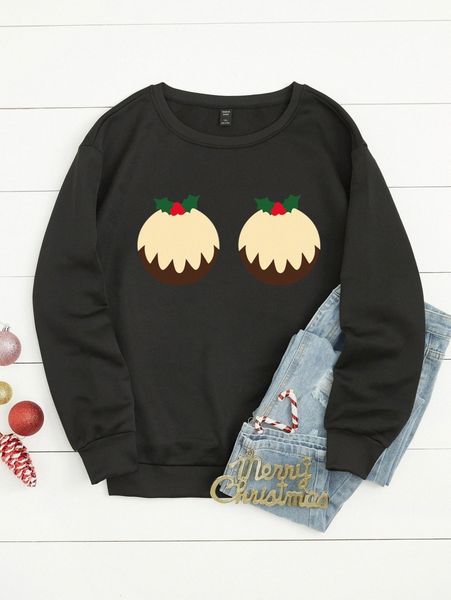 

plus christmas print thermal lined sweatshirt 90ij#, Black