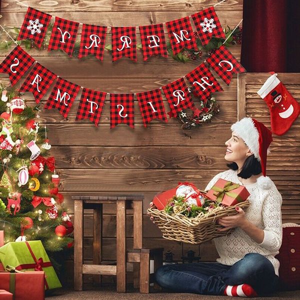 

newtwo snowflake - with flags plaid buffalo merry banner for fireplace wall tree christmas decoration 7