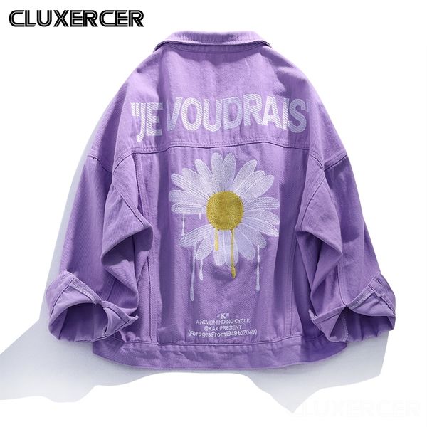 

women luxury floral embroidered denim jacket streetwear casual chic purple loose jeans jacket coat 201109, Black;brown