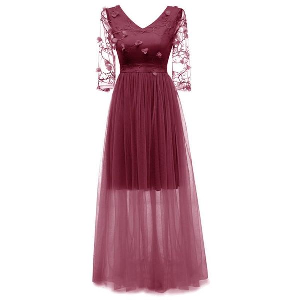 

casual dresses women dress elegant v neck lace embroidery mesh party floor-length a-line high waist patchwork formal, Black;gray