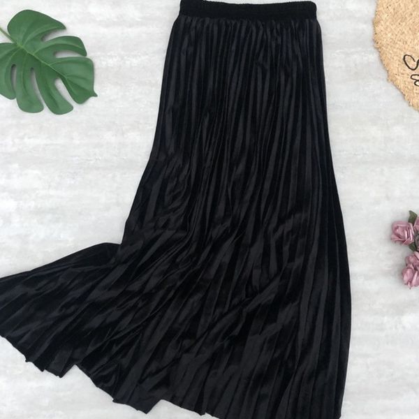 

2020 autumn winter women golden velvet long skirt korean ladies elastic casual high waist skirts pleated bottoms b07004r q1219, Black