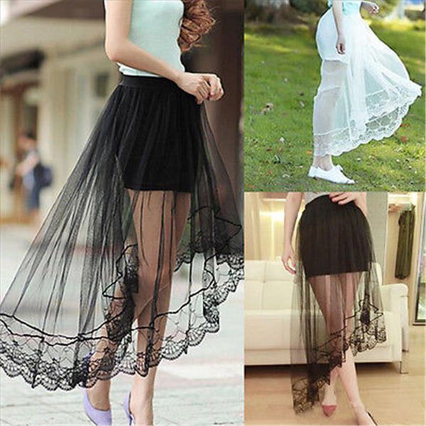 

2021 new women high waist elastic waist skirt double layer solid long maxi beach skirt black white lace patchwork