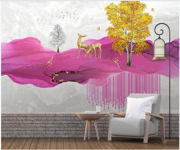 

3d wallpaper custom p chinese style abstract pink watercolor line mountain peak elk big tree 3d wall murals wallpaper for walls 3 d