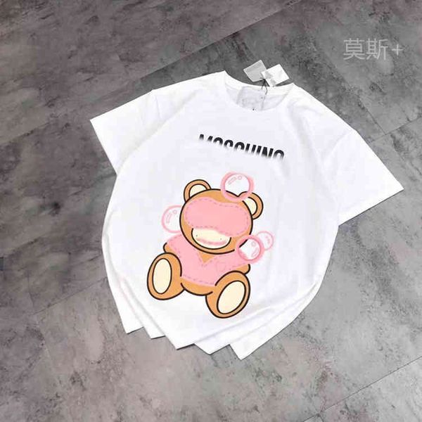 

2022 factory wholesale new 21 summer fashion moss family cartoon eye mask bear print t-shirt women's round neck loose sweet age reducin, White