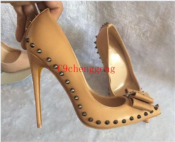 

women red bottom nude lpatent leather bow riveted single shoes pointed high heel woman studded pumps slim-heeled dress wedding shoes, Black