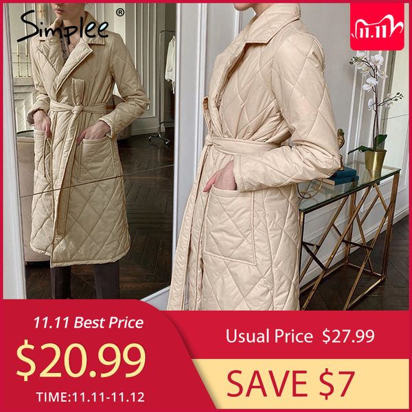 

simplee long straight winter coat with rhombus pattern casual sashes women parkas deep pockets tailored collar stylish outerwear c1108, Black