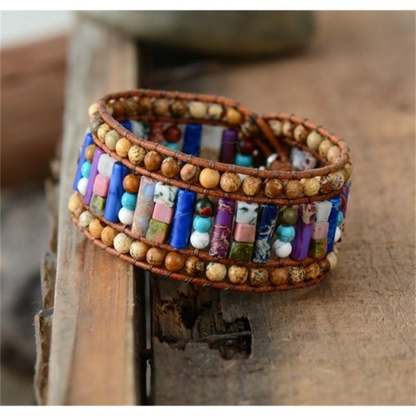 

new women bracelets tube shape natural stones leather wrap bracelet semiprecious stone beaded cuff bracelet dropshipping y200730, Black