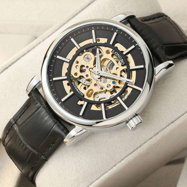 

movement watch automatic longbo mechanical new longbo hollow mechanical watch men's business watch, Slivery;brown