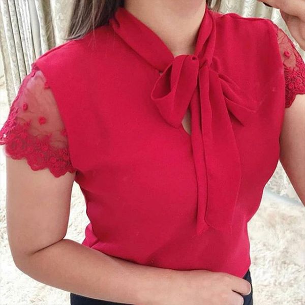 

женщины летняя работа в офисе lace top bow tie с коротким рукавом шифон рубашка блузка женская blusas mujer 2020 прибытие casual tee tops, White