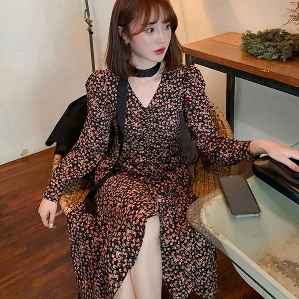 

women floral print dress v-neck autumn dress fashion long sleeve dresses, Black;gray