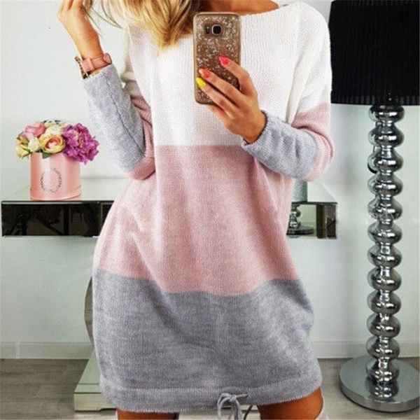 

2020 women sweater dress winter warm loose long sleeve dress ladies o-neck patchwork lace up knitwear pullover party dresses, Black;gray