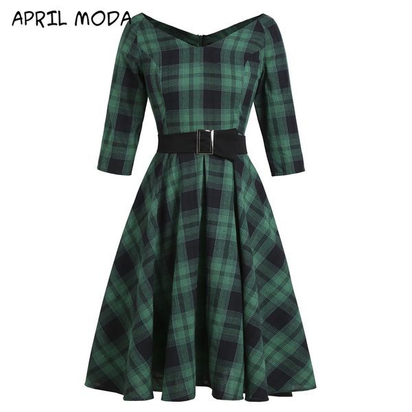

2020 autumn 3/4 sleeve green plaid women party dress retro style turn down neck belt british rockabilly 50s 60s vintage vestidos y0118, Black;gray