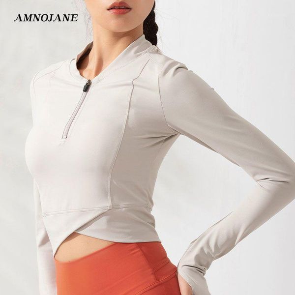 

yoga outfits front zip white crop fitness shirt women cross hem jacket woman tshirts sportswear sports gym long sleeve blouse1, White;red