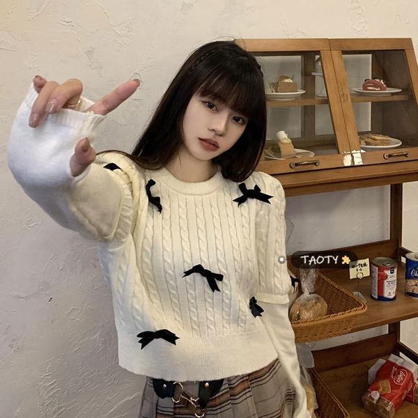 

bow sweet japan style autumn winter women's clothing crop white sweater fashion brand long sleeve pullovers knitted, White;black