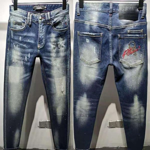 

european nightclub style brand black italy2020 luxury men denim trousers patchwork slim letter jeans pencil pants for men1, Blue