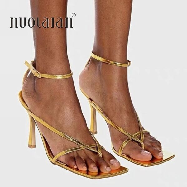 

2020 summer new fashion pinch narrow band women gladiator sandal shoes ladies square open toe ankle buckle strap stiletto heels y200702, Black