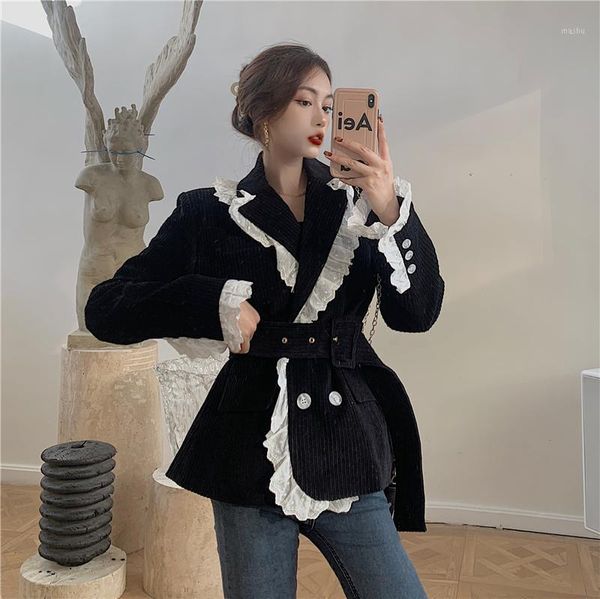 

new black corduroy blazer double-breasted long sleeve notch collar ruffle sash solid1, White;black