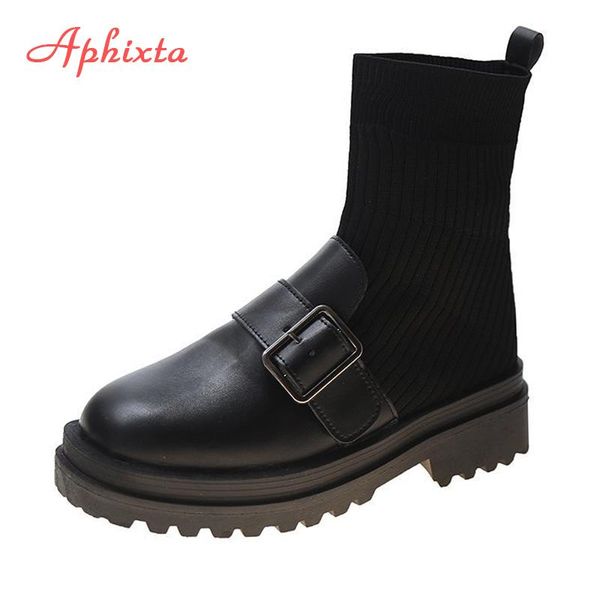

aphixta stretch fabric buckle women boots fashion round toe square heels ankle boots slip-on shoes woman boats, Black