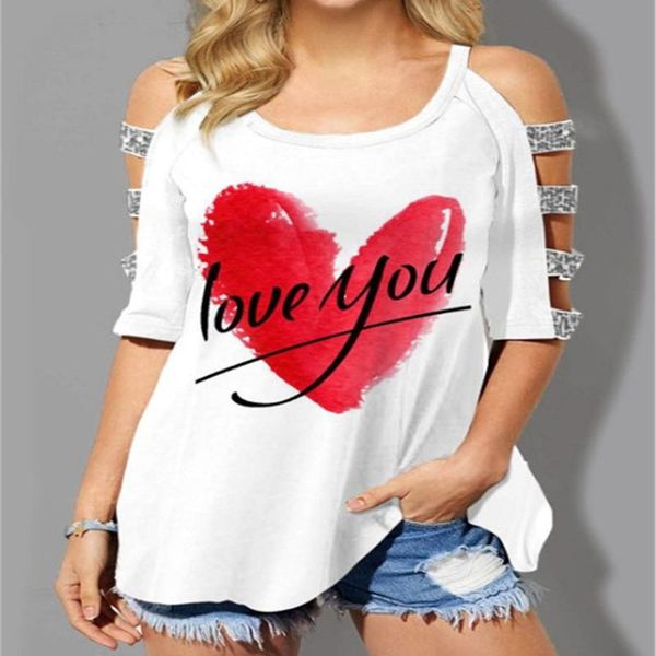 

hollow out heart women letter love you t shirt casual loose plus size 5xl 2020 autumn fashion ladies off shoulder tee shirt, White