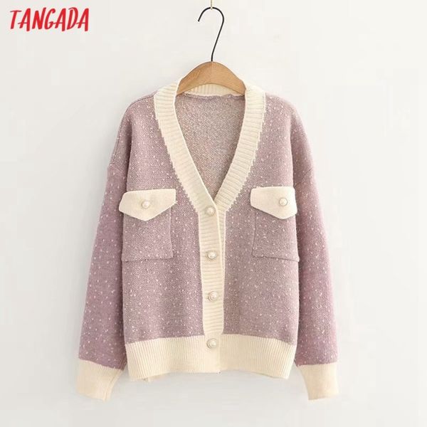 

tangada women dots patter purple vintage jumper 2020 autumn winter oversized knitted cardigan coat 5y3, Tan;black