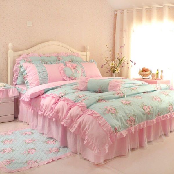 

pure cotton home bedding set ruffle korean style princess duvet cover bed skirt wedding 4pcs  king 1.5m 1.8m 2.0m bed