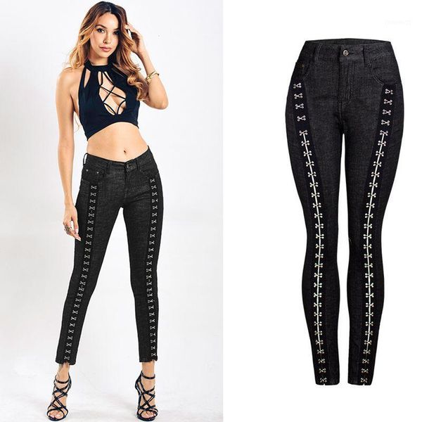 

new big size ultra stretchy black tassel ripped jeans woman denim pants trousers for women pencil skinny pockets button jeans1, Blue
