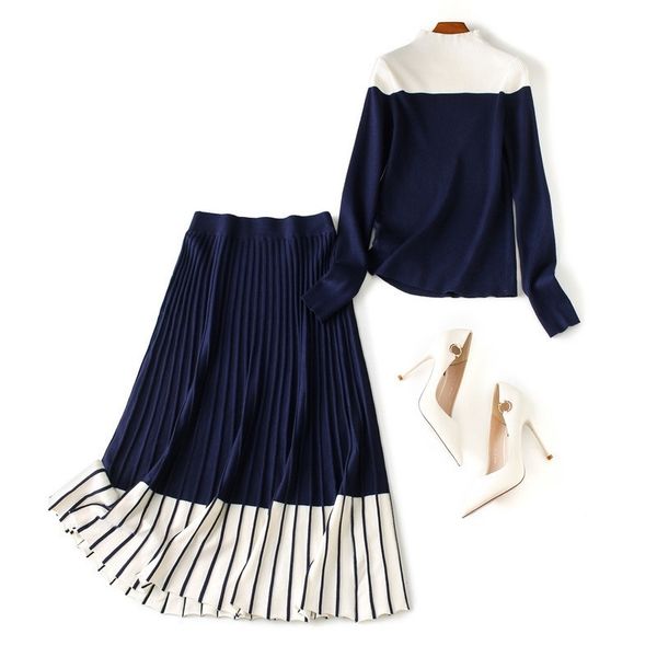 

women autumn winter knitted skirt two piece set designer brief color block pullovers long skirts suits blue pink 201102, White