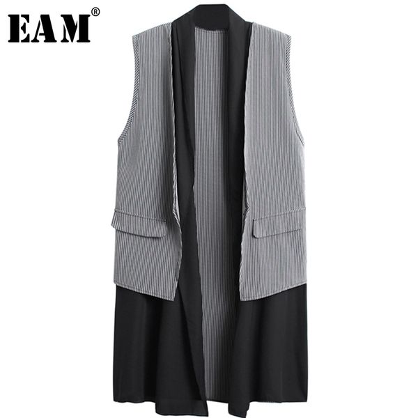 

[eam] new spring summer cardigan sleeveless spliced pockets plaid brief temperament long vest women fashion tide jx797 201102, Black;white