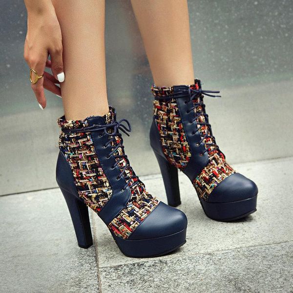 

lace up shoes white ankle boots booties woman 2020 high heels boots-women round toe winter footwear low stiletto autumn ladies, Black