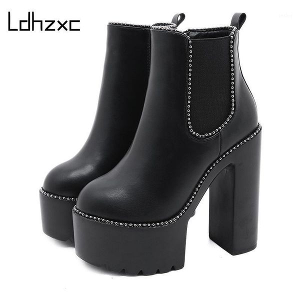 

ldhzxc 2020 news ankle boots women short boots patent leather fashion thick high heeled female shoes platform ladies footwear1, Black