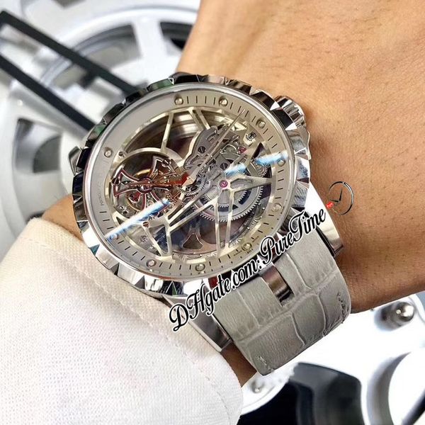 

new excalibur 46 tourbillon automatic mens watch steel case gray inner skeleton dial gray leather strap watches ptrd puretime e40a1, Slivery;brown