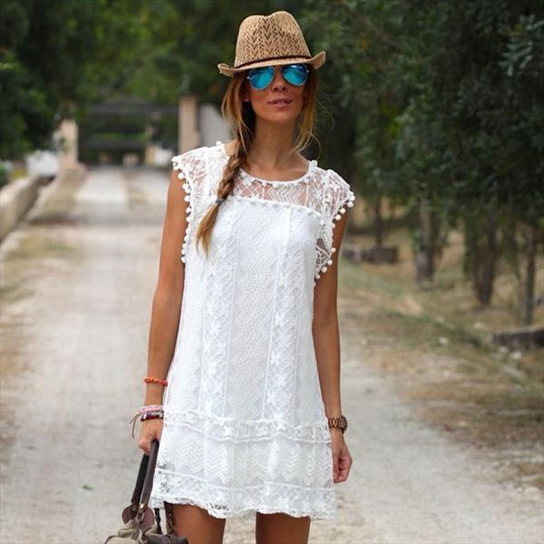 

summer beach wear mini dress women white lace crotch sleeveless bikini cover up hollow out sarong kaftan swimsuit bathing suit, Black;gray