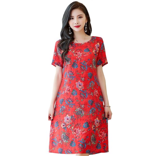 

women summer dress elegant plus size 6xl loose middle-aged mother short sleeve long dress o-neck floral print cotton linen dress lj200818, Black;pink