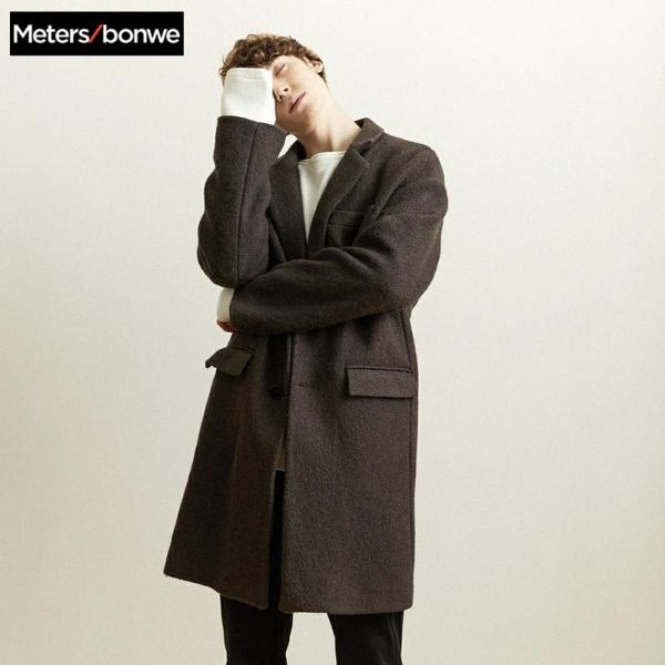 

men's wool & blends metersbonwe winter woolen jacket high-quality coat casual slim vintage business trench 239458, Black