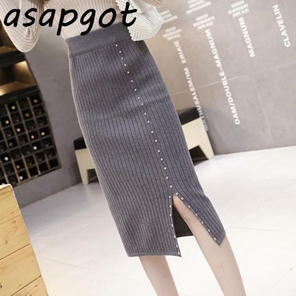 

asapgot fashion chic korea wild slim casual retro elegant high waist black wrap hip thick split woolen skirts grey knitted skirt