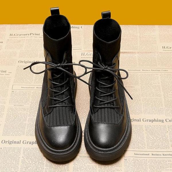 

new ankle boots for women 2021 autumn motorcycle boots thick heel platform shoes woman slip on round toe fashion 40, Black