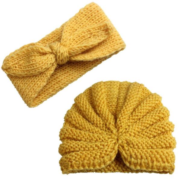 

caps & hats winter solid hat baby born boy girl knitted turban hair band beanie headwear cap sets for girls kids, Yellow