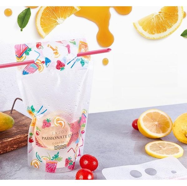 

500ml fruit pattern plastic drink packaging bag pouch for beverage juice milk coffee, with handle and holes jllaao sinabag