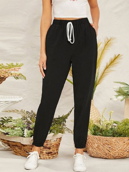 

knot waist pocket side tapered pants 859d#, Black;white