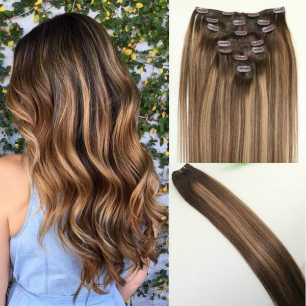 

ombre #4 #27balayage color clip in hair extension brazilian virgin unprocessed human remy hair with highlights good quality, Black