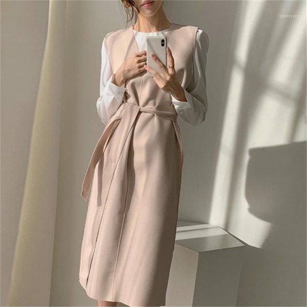

casual dresses women solid split straight knitting warm sweater dress 2021 v neck sashes ladies elegant winter office cloth1, Black;gray