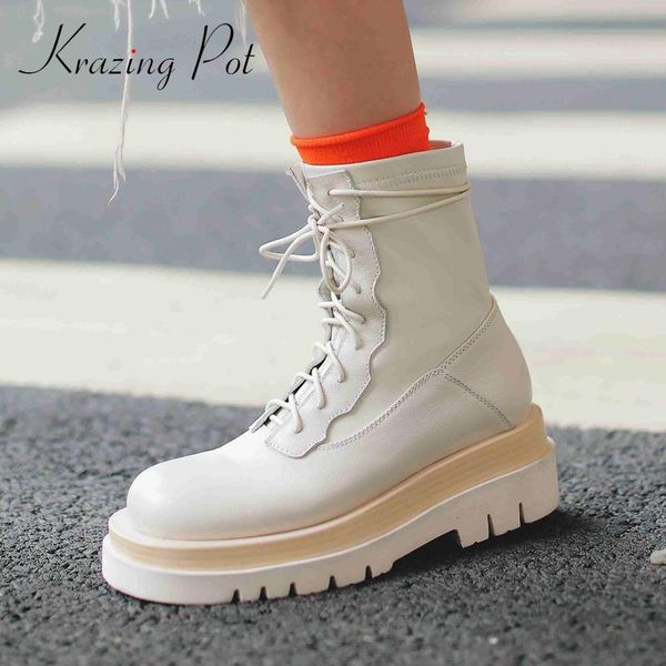 

krazing pot limited customization large size cow leather cross-tied high square heel round toe lace up fashion ankle boots l05, Black