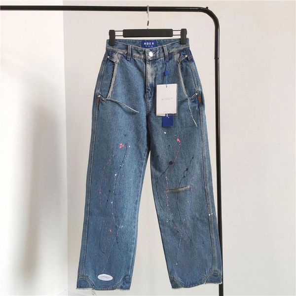 

hip-hop ader error jeans men women korea splash ink washed do old hole damage adererror denim pants, Blue