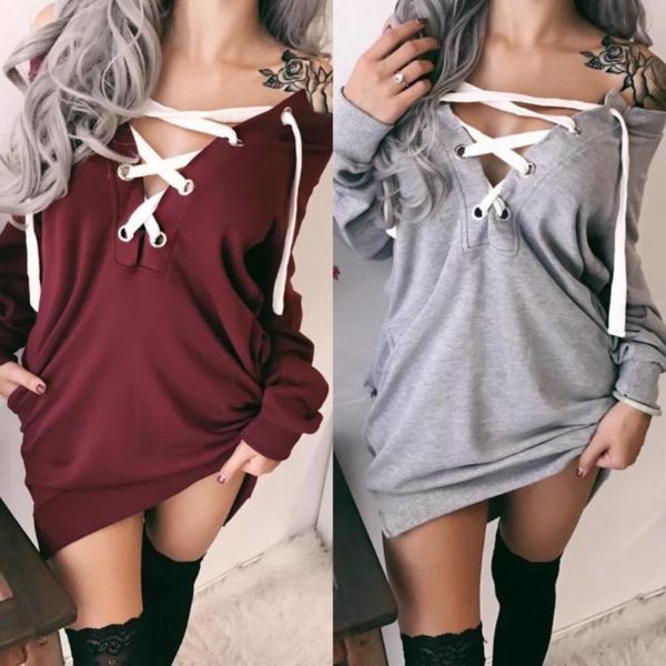 

women's hoodies & sweatshirts women autumn solid color long sleeve deep v neck front lacing midi pullover sweatshirt chic concise, Black
