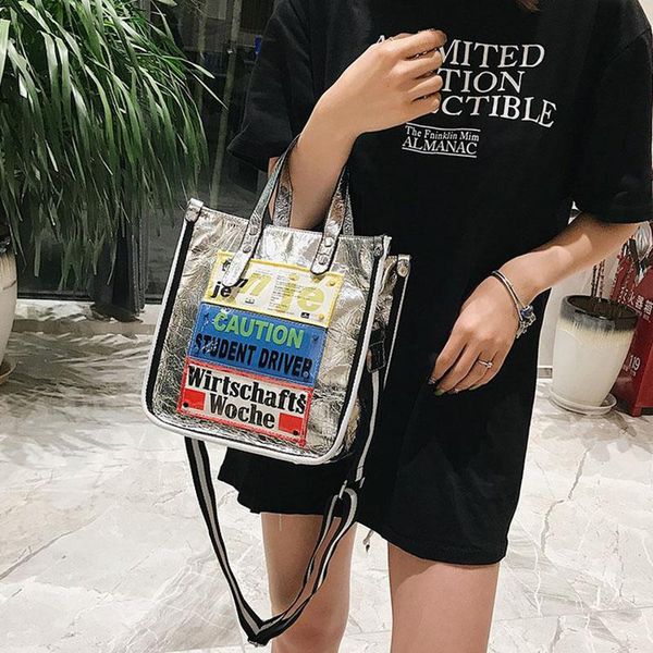 

new arrival 2020 women's designer handbag graffiti shoulder messenger bag metallic silver tote bag