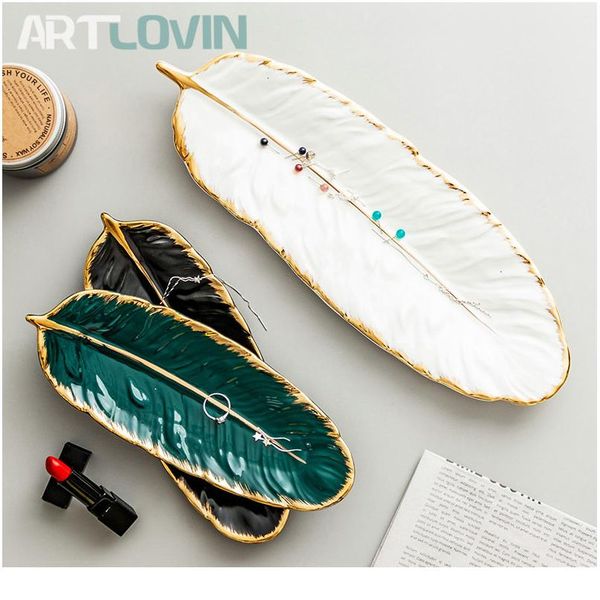 

gold plating ceramic plate set fashion feather design jewelry tray tableware accessories dim sum fruit plate kitchen din wmttmg, Silver