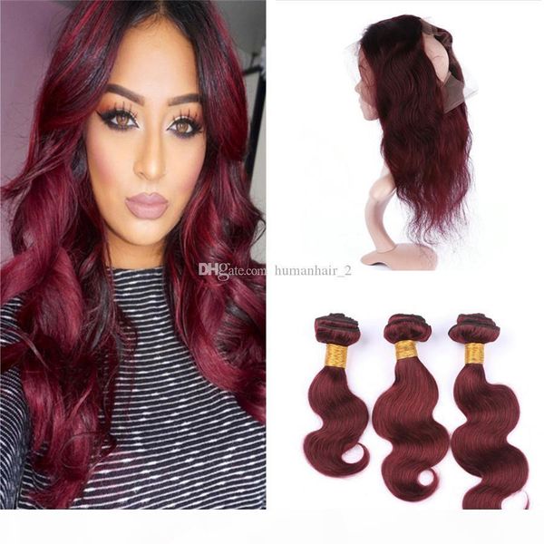 

burgundy 360 lace frontal closure with bundles 99j wine red human peruvian virgin hair with body wave 360 lace frontal closure 4pcs lot, Black;brown