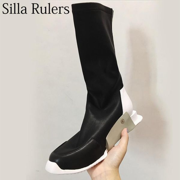 

boots silla rulers white height increasing flat ankle woman punk style elastic leather short for women lovers, Black