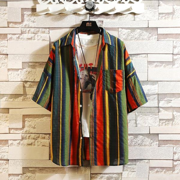 

men's summer hawaiian shirt men plain print collar stripe streetwear loose casual daily short sleeve shirt casual blouse1, White;black